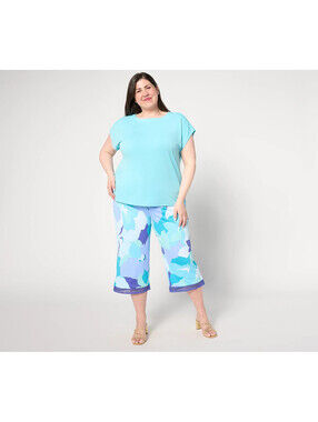 Isaac Mizrahi Live! Regular Print Pebble Knit Pull On Culotte Pants Aqua X-Small